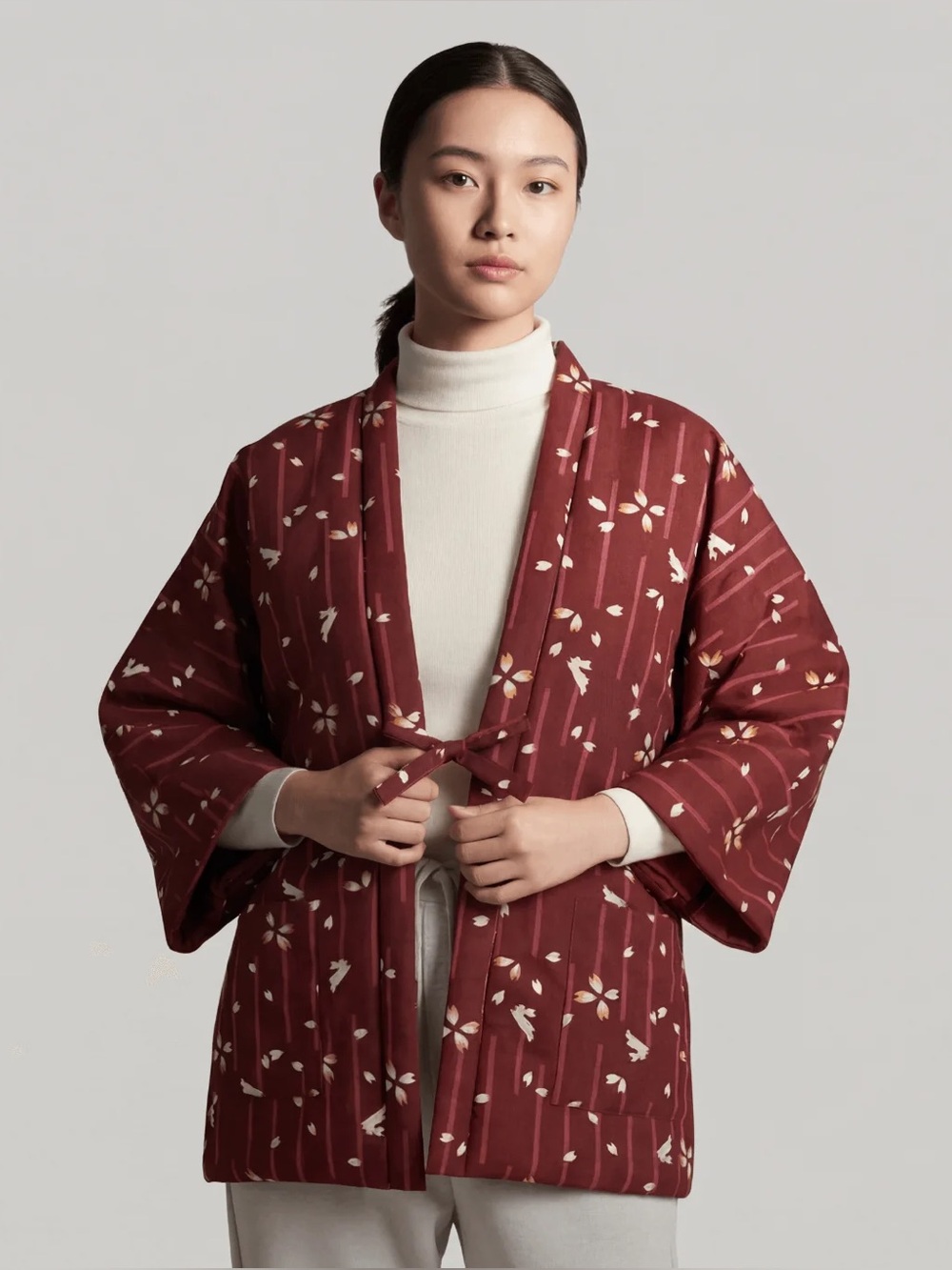 Japanese Hanten Padded Jacket Medium Authentic Maroon Floral Bunny Tie Front